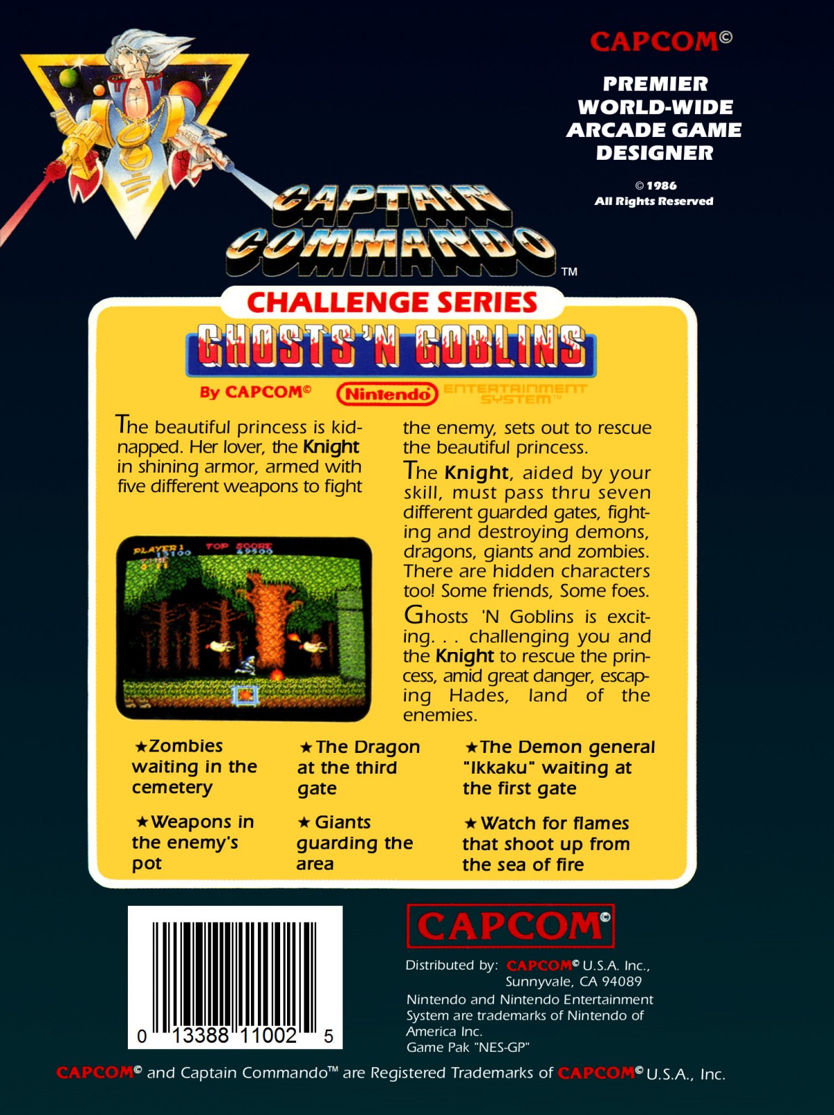 Ghosts 'n Goblins cartridge for the Nintendo Entertainment System featuring a challenging 8 bit side scrolling action platformer with knight Arthur battling hordes of demons and undead enemies back cover art