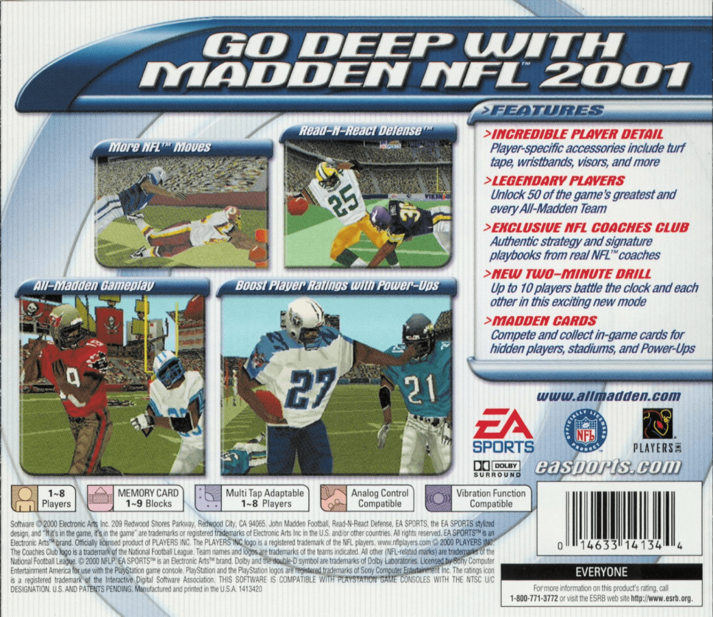 Madden NFL 2001 back of case for PlayStation 1 PS1 retro football video game