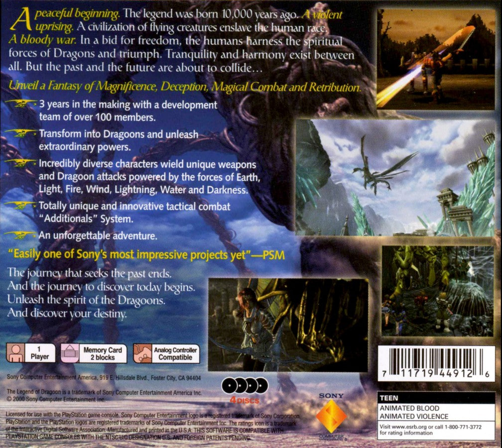 Legend of Dragoon Greatest Hits PlayStation 1 turn-based RPG four player party additions system magic dragoon transformations epic fantasy Sony classic back cover