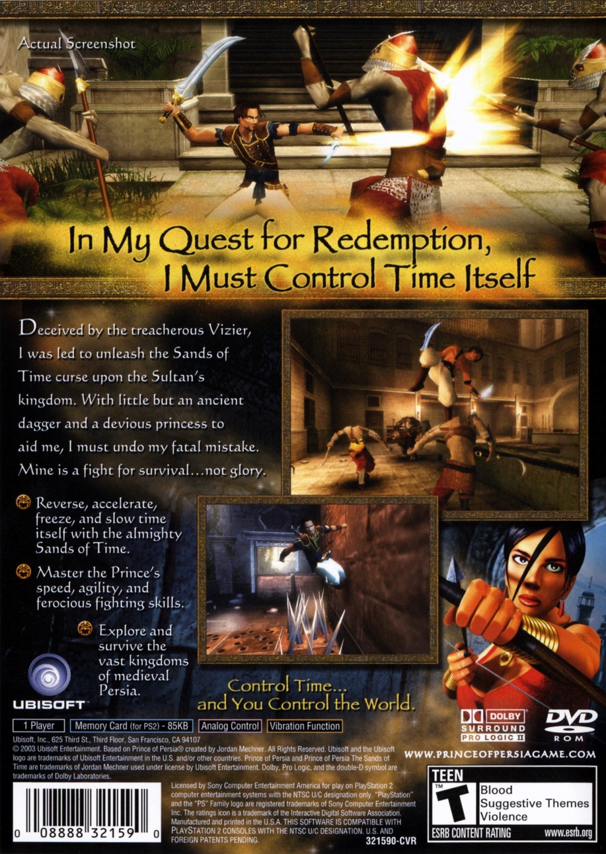Prince of Persia The Sands of Time Greatest Hits PS2 Sony PlayStation 2 action adventure platformer time manipulation rewind mechanic parkour acrobatics puzzle solving Ubisoft classic story driven gameplay PlayStation 2 software video game title back cover art