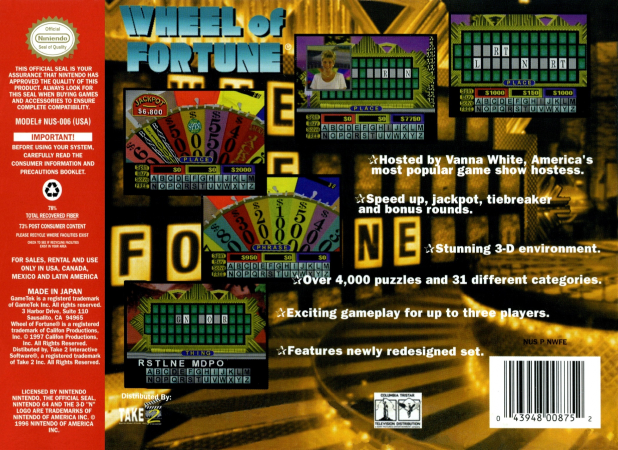 Wheel of Fortune back cover art for Nintendo 64 (N64) video game