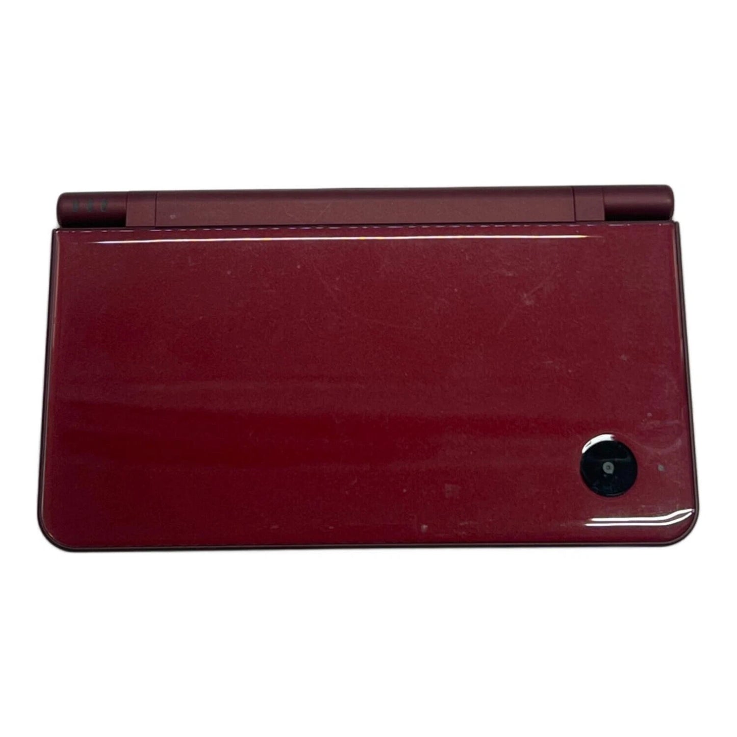 Nintendo DSi XL handheld console in Burgundy Wine dual screen portable gaming system larger screens size Good Condition used tested stylus included SD card slot backwards compatible with Nintendo DS game cards cameras DSiWare functionality flip design