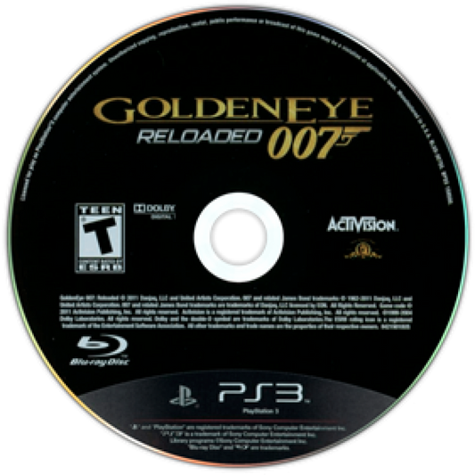 007 GoldenEye Reloaded PlayStation 3 PS3 first-person shooter video game featuring James Bond stealth missions gunfights espionage action multiplayer combat cinematic environments iconic Bond weapons and classic PlayStation 3 PS3 gameplay collectible retro gaming appeal disc
