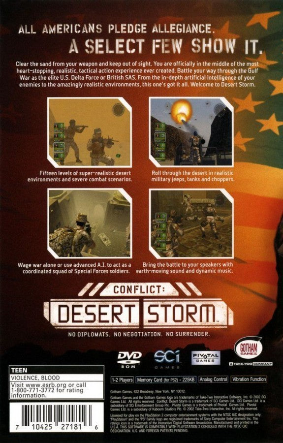 Conflict: Desert Storm for PlayStation 2 with tactical military combat and squad-based missions back cover art