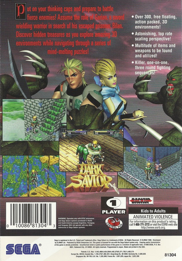 Dark Savior Sega Saturn action RPG isometric adventure game branching storylines fantasy combat puzzle solving platforming Climax Entertainment spiritual successor to Landstalker retro gaming Sega Saturn software video game title back cover art