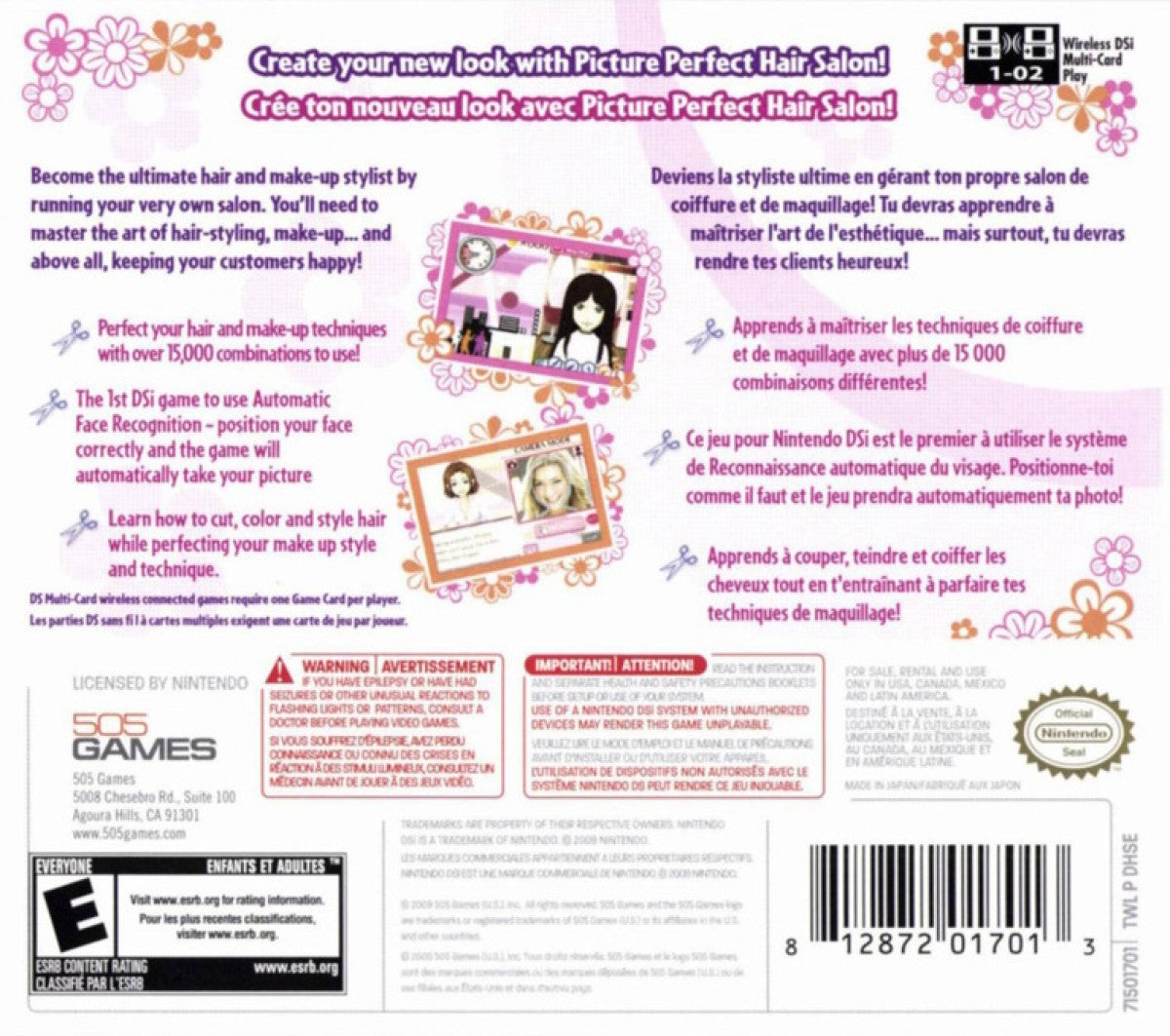 Picture Perfect Hair Salon for Nintendo DS with fashion styling and hair makeover simulation theme back cover