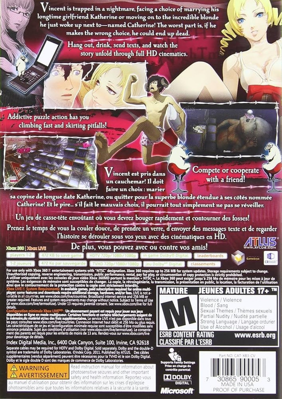Catherine game for the Xbox 360 featuring puzzle platforming gameplay combined with story driven adult themed narrative multiple endings and moral choices as the protagonist Vincent navigates nightmares and relationship drama back cover