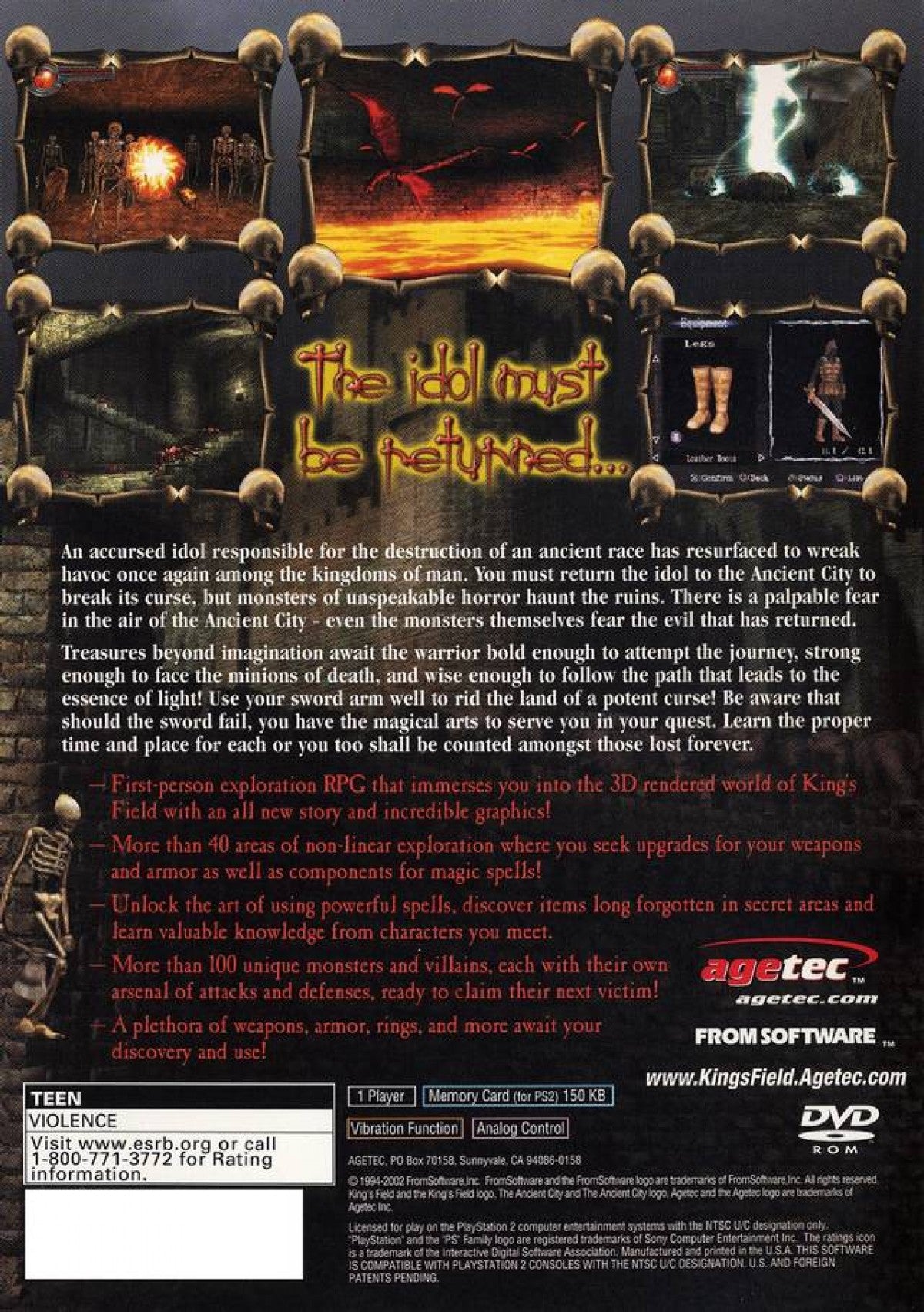 King's Field: Ancient City for PlayStation 2 first person action RPG featuring dark fantasy exploration dungeon crawling combat and immersive story driven adventure back cover