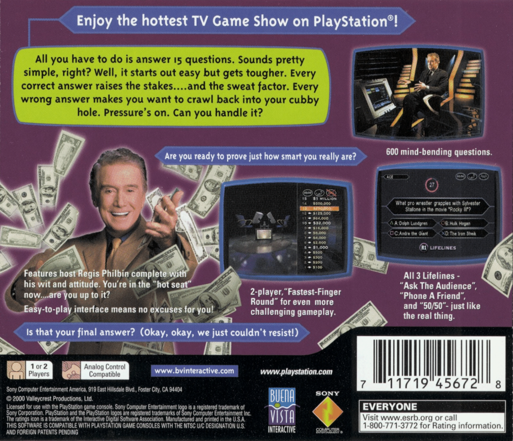 Who Wants To Be A Millionaire: 2nd Edition back of case for PlayStation 1 (PS1) quiz show video game