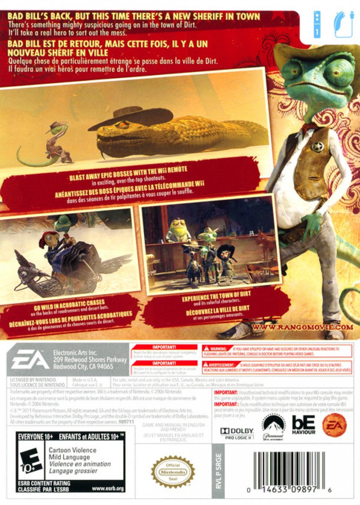 Rango: The Video Game – Nintendo Wii (Wii) action-adventure platformer family video game back of case