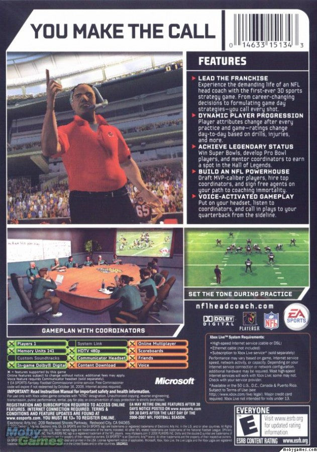 NFL Head Coach for Xbox (Xbox) back of case for sports football video game.