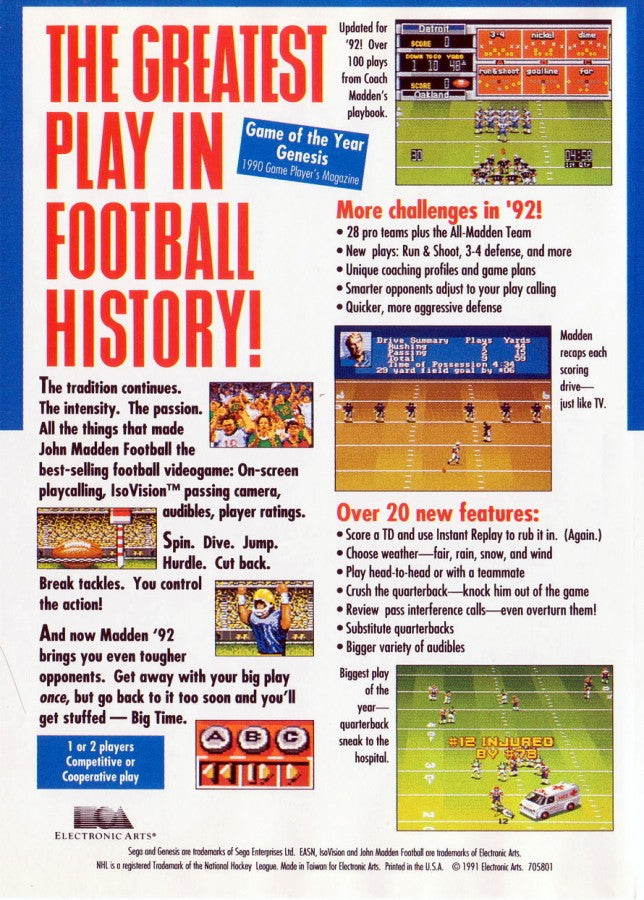 John Madden Football 92 back cover art for Sega Genesis GEN video game