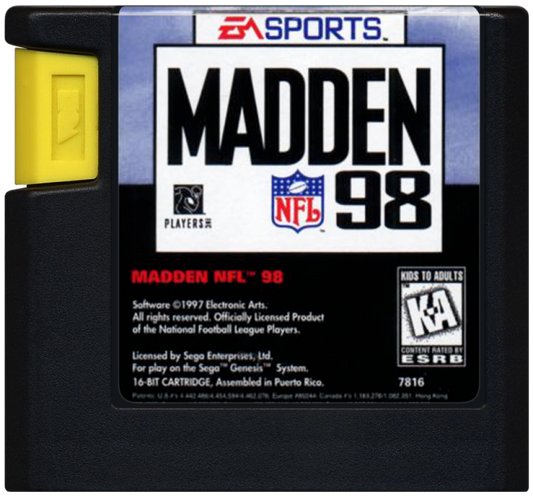 Madden NFL 98 Sega Genesis for retro video game enthusiasts featuring football simulation gameplay authentic NFL action strategic play calling team management mechanics competitive multiplayer sports challenges classic gridiron gameplay and collectible gaming appeal cartridge