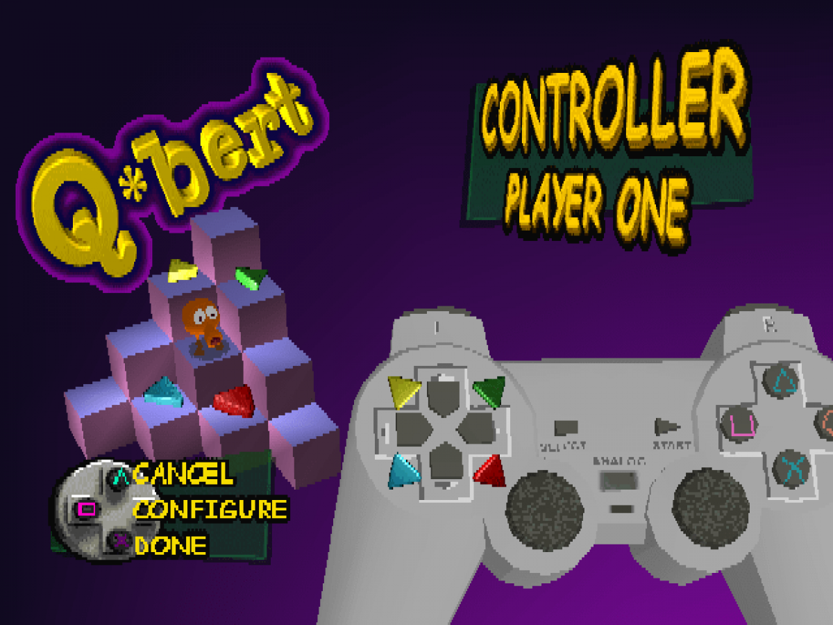 Q*bert title card for PlayStation 1 (PS1) puzzle video game