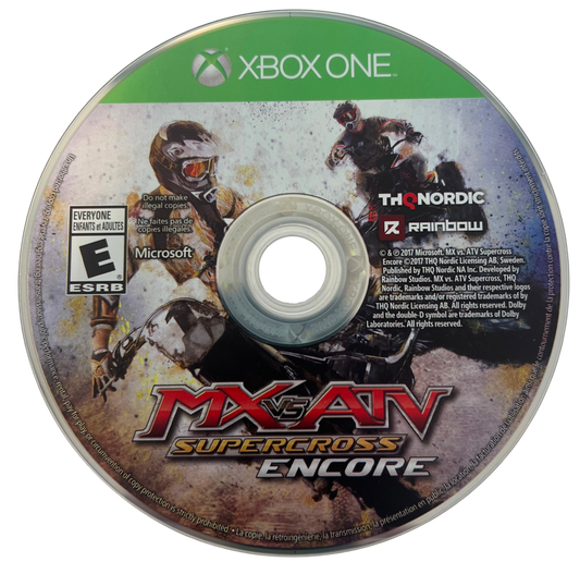 MX vs. ATV Supercross Encore 2017 Official Track Edition for Xbox One, disc image for an off-road motocross racing sports video game
