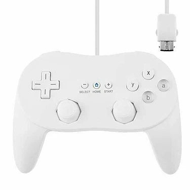 White Wii Classic Pro Style Controller for Nintendo Wii and Wii U featuring ergonomic dual analog sticks responsive shoulder buttons comfortable grip wired controller design compatibility with Virtual Console and classic games collectible gaming appeal