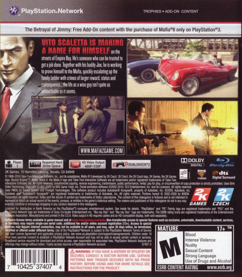 Mafia II PlayStation 3 PS3 video game, open-world crime action, story-driven gameplay, third-person shooter, classic console title back cover art