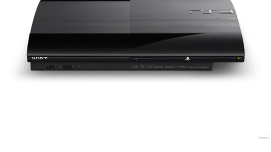 PlayStation 3 Super Slim 250GB console system featuring compact sliding disc design HDMI output online connectivity and 250GB storage includes third party controller shows scratches and scuffs from use but remains fully functional for gaming and media playback