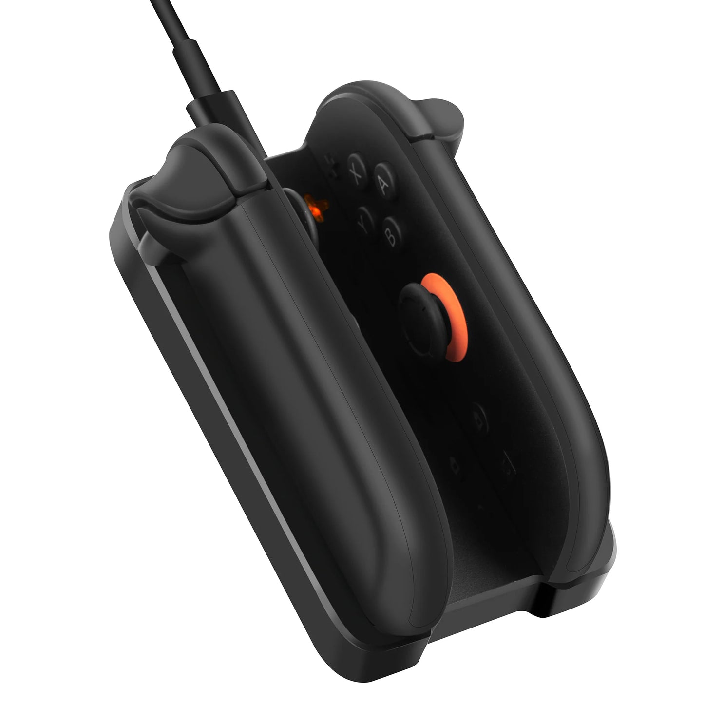 Joycon 2 controller charging dock close up with controller inserted and charging indicator light