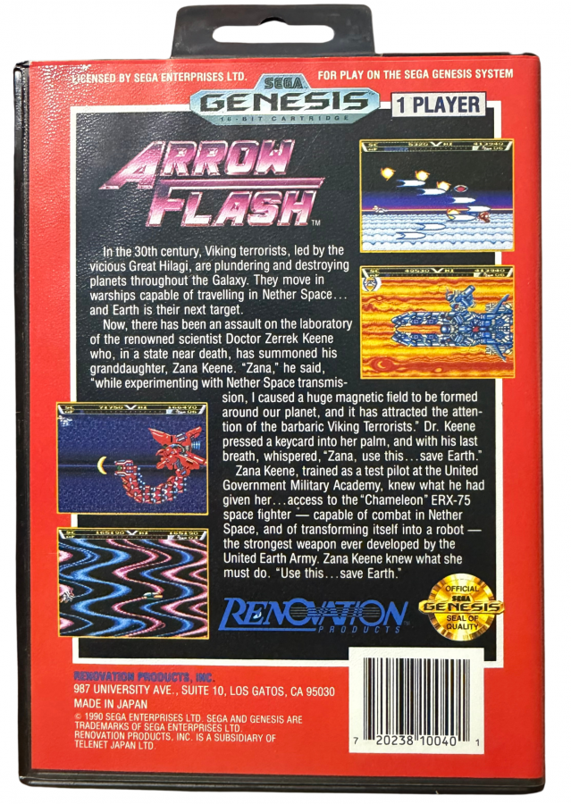 Arrow Flash Sega Genesis video game cartridge classic 16 bit shoot em up action game for retro gaming collectors Sega fans vintage video game enthusiasts Genesis game collection classic video games and retro gaming fans back cover art
