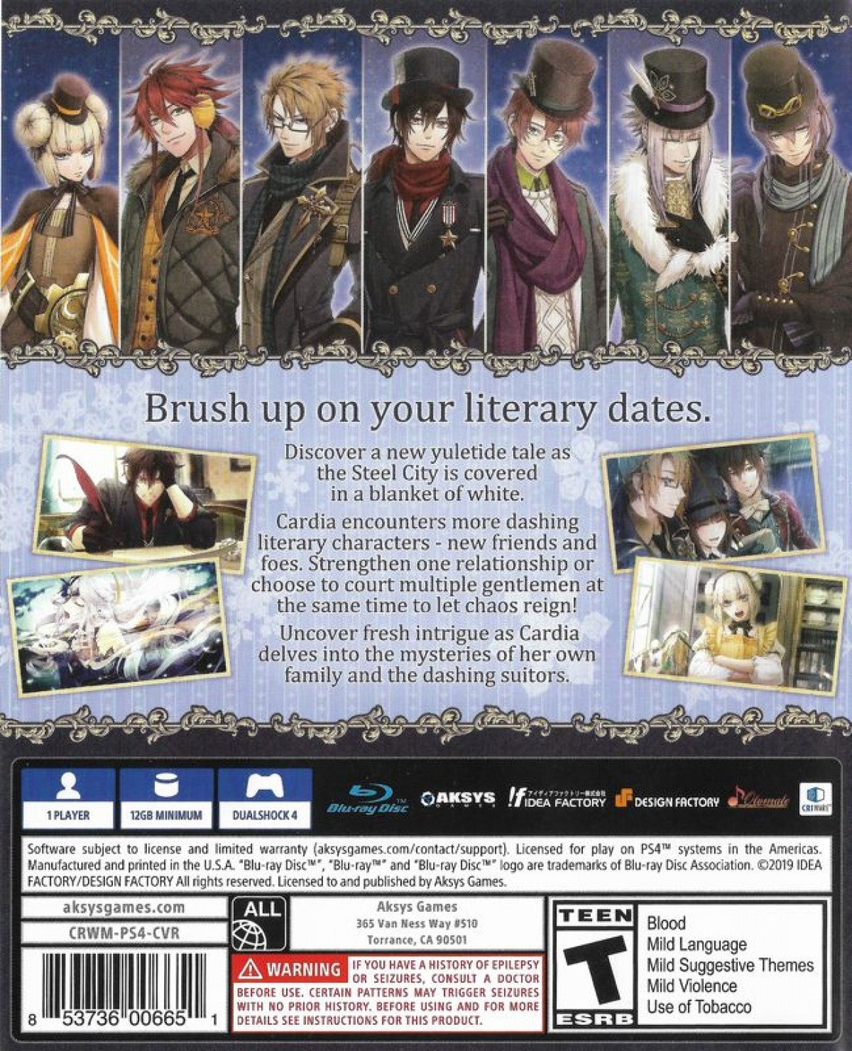 Code: Realize Wintertide Miracles – PlayStation 4 (PS4) video game back of case, otome/visual novel by Idea Factory