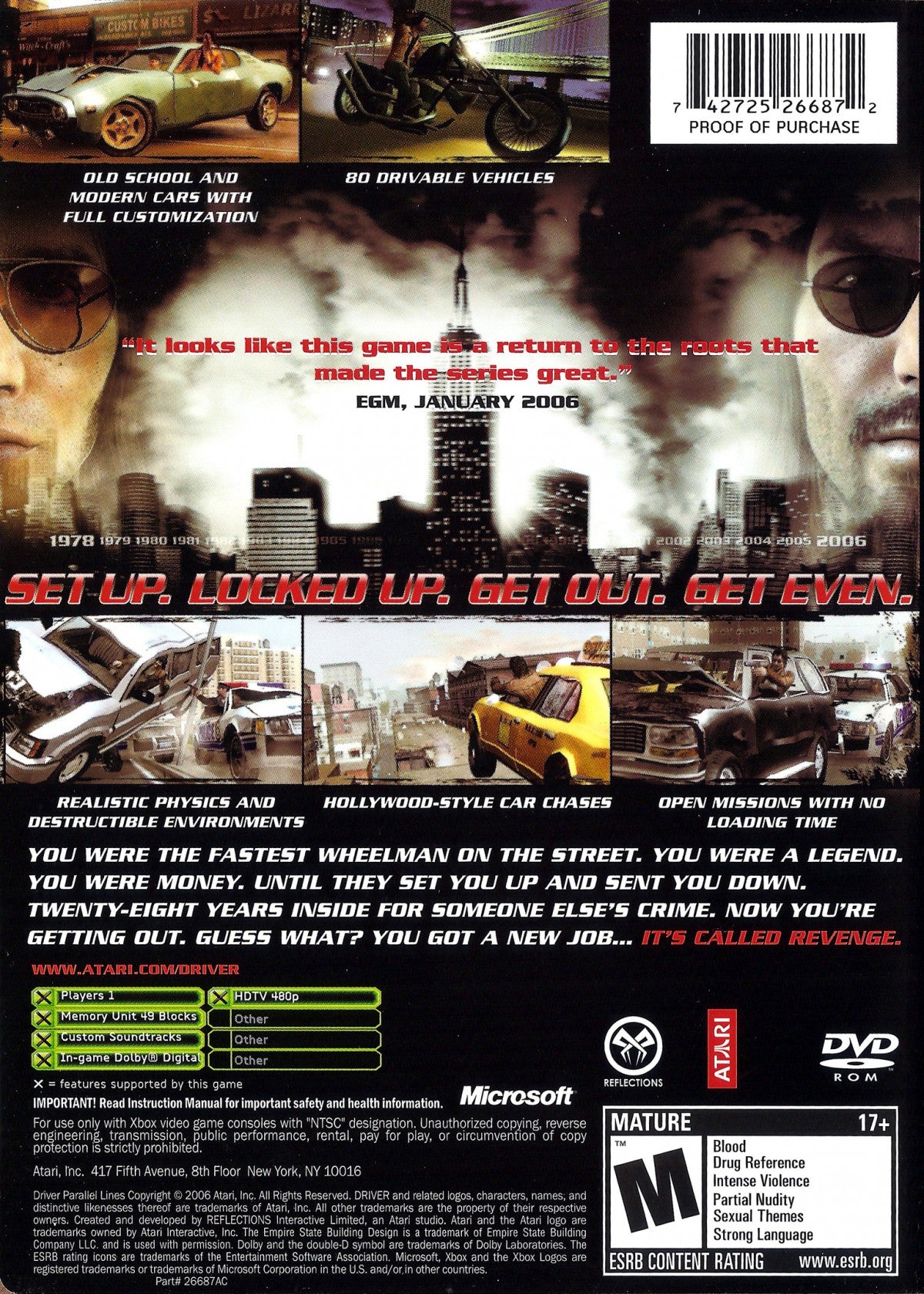 Driver Parallel Lines Xbox for action driving video game fans featuring open world city exploration cinematic crime storyline high speed car chases vehicle customization intense missions third person shooting 1970s and 2000s New York setting collectible gaming appeal back cover art
