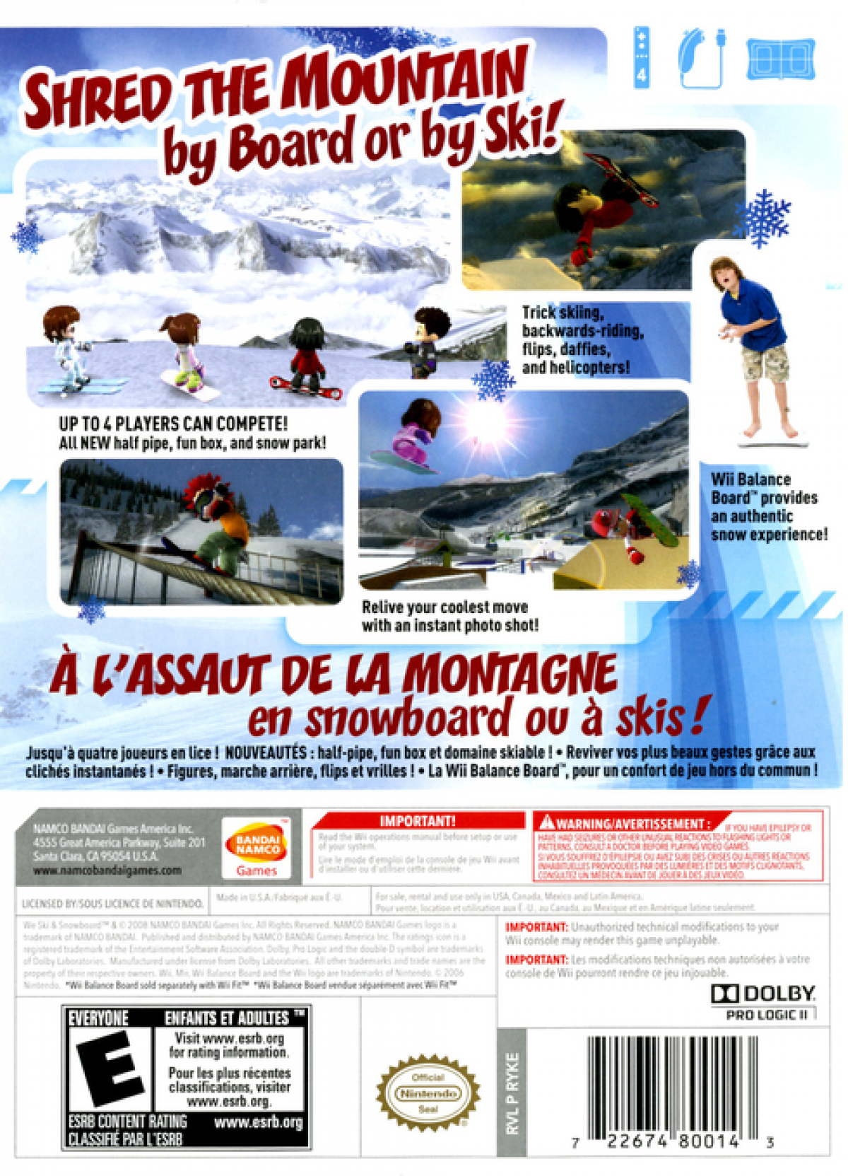 We Ski & Snowboard back cover art for Nintendo Wii (Wii) featuring motion‑controlled skiing and snowboarding on expansive mountain slopes, customizable characters, and family‑friendly freestyle and race events.