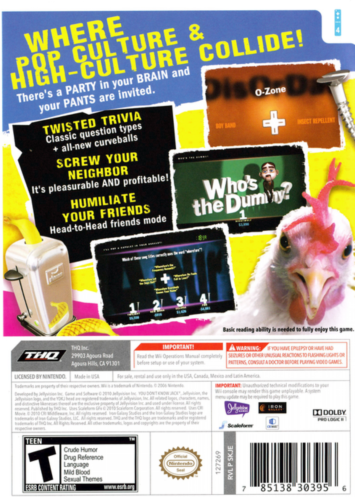 You Don't Know Jack game for the Nintendo Wii featuring trivia party gameplay with fast paced quiz questions humorous commentary multiplayer modes and interactive answering mechanics using Wii controllers back cover art