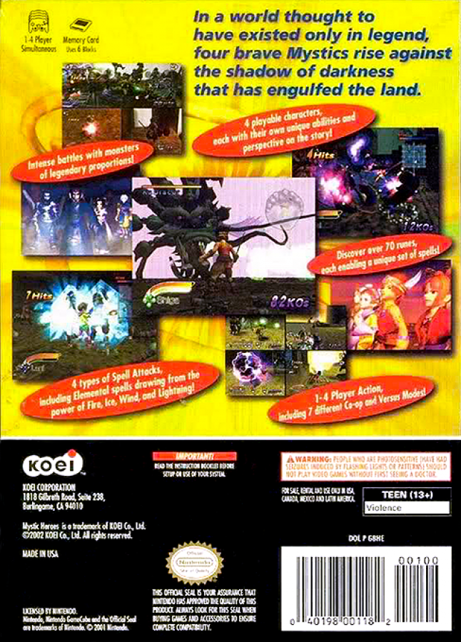 Mystic Heroes back cover art for GameCube game featuring hack-and-slash action gameplay with anime-style characters and fantasy combat
