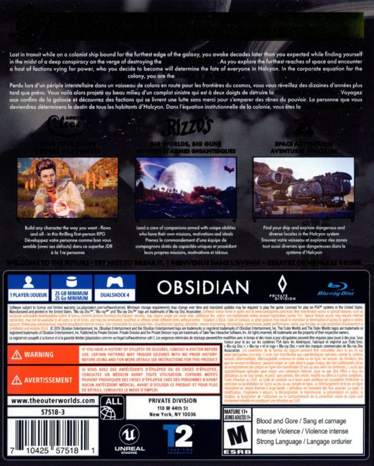 The Outer Worlds – PlayStation 4 (PS4) video game back of case, sci-fi role-playing RPG.