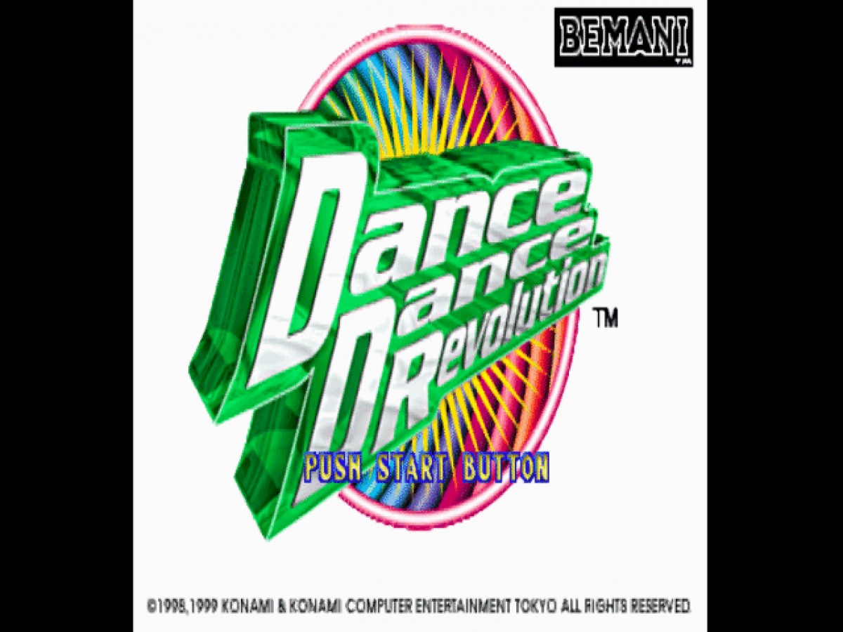 Dance Dance Revolution start screen for PlayStation 1 (PS1) retro dance video game