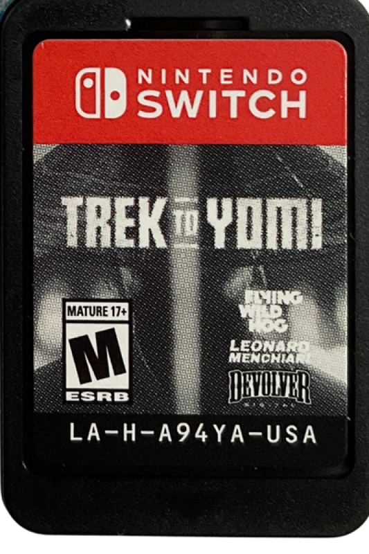 Trek to Yomi Nintendo Switch inspired design featuring cinematic samurai action adventure aesthetic black and white film inspired visuals side scrolling sword combat atmospheric storytelling feudal Japan setting emotional journey driven gameplay and stylized presentation cartridge