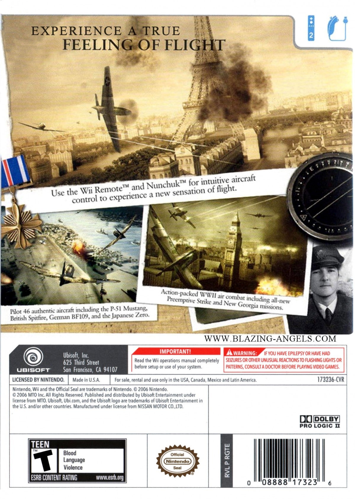 Blazing Angels Squadrons of WWII game featuring World War II aerial combat, historical fighter planes, and action-packed flight simulation back cover art