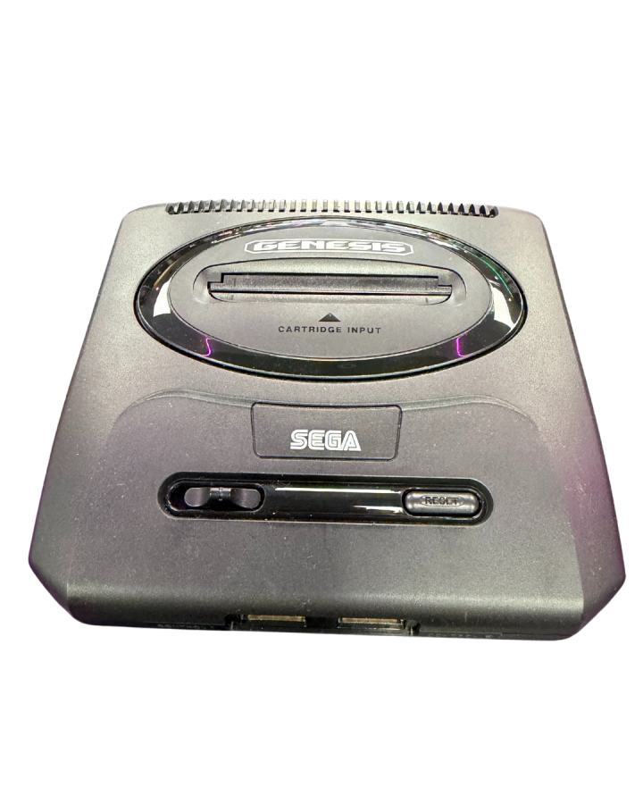 Top front view of a Sega Genesis Mini 2 console showing the top surface, controller ports, power button, and logo from a slightly angled perspective.