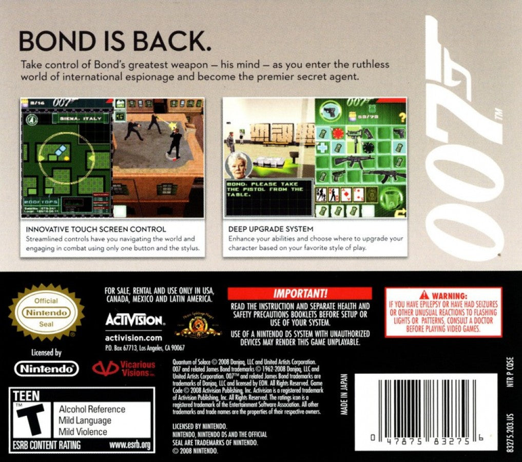 007 Quantum of Solace back cover art for Nintendo DS (DS) video game