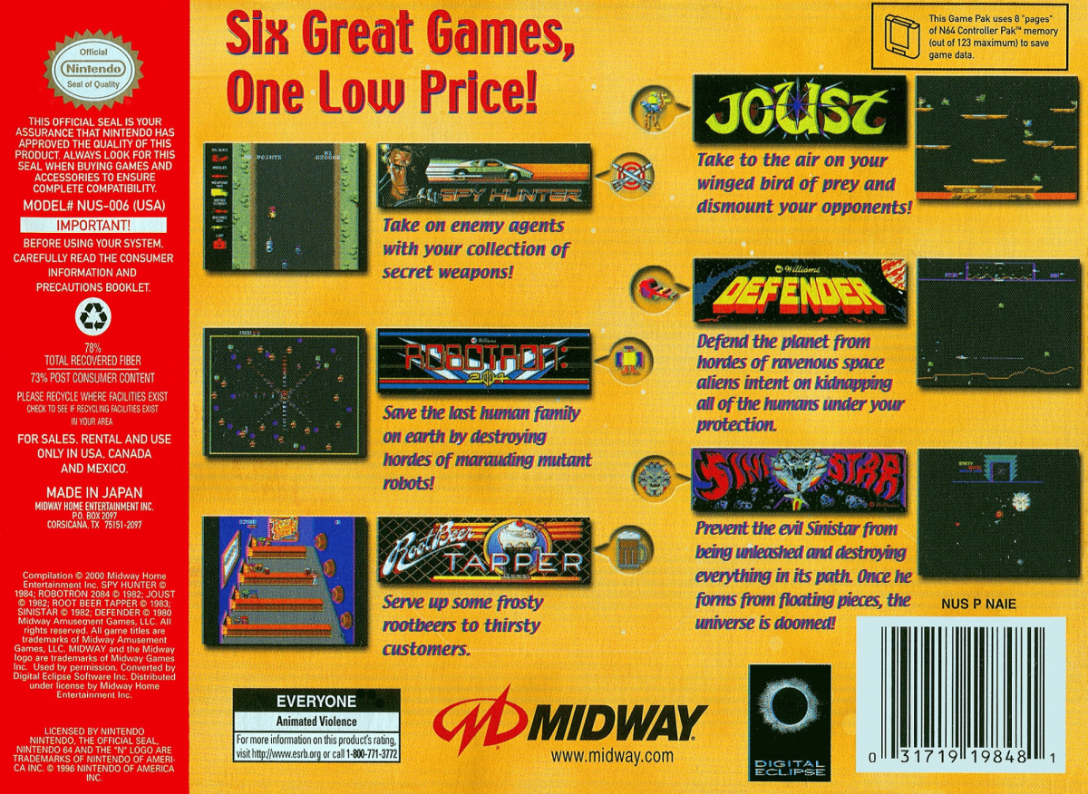 Midway's Greatest Arcade Hits Volume 1 64 back cover art for Nintendo 64 N64 video game