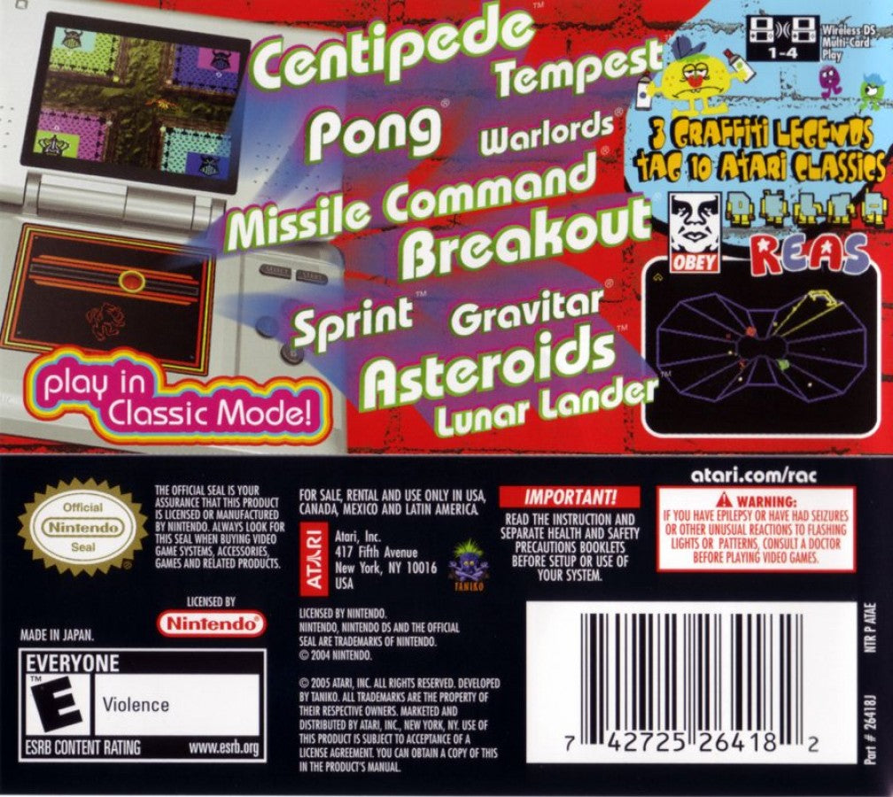 Retro Atari Classics back of case for Nintendo DS (DS) classic arcade game compilation video game