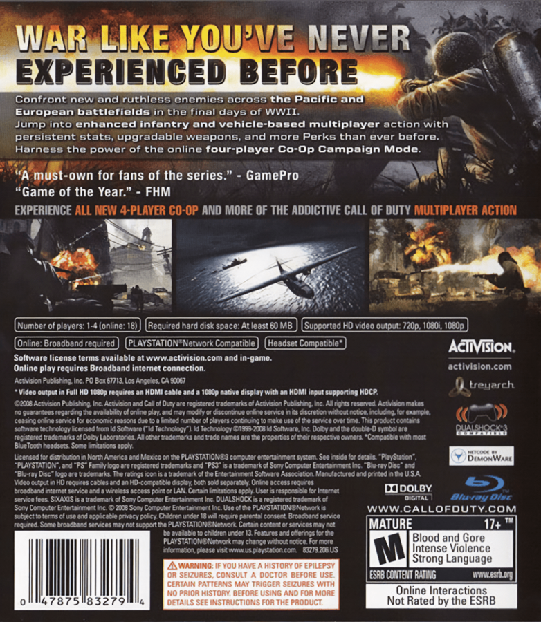 Call of Duty: World at War back cover art for PlayStation 3 (PS3) video game