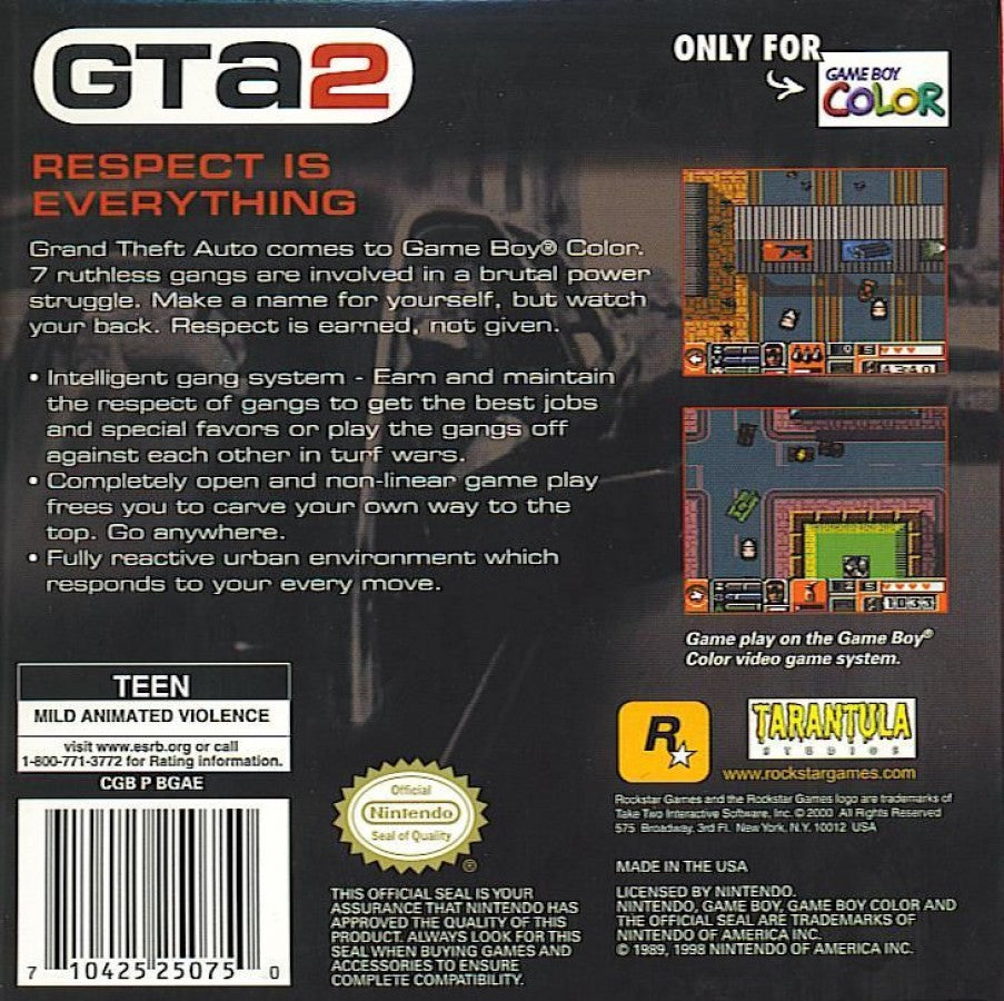 Grand Theft Auto 2 GTA2 Nintendo Game Boy Color GBC for action adventure retro video game fans featuring top down open world gameplay vehicle theft criminal missions fast paced combat urban exploration classic handheld gaming collectible gaming appeal back of case