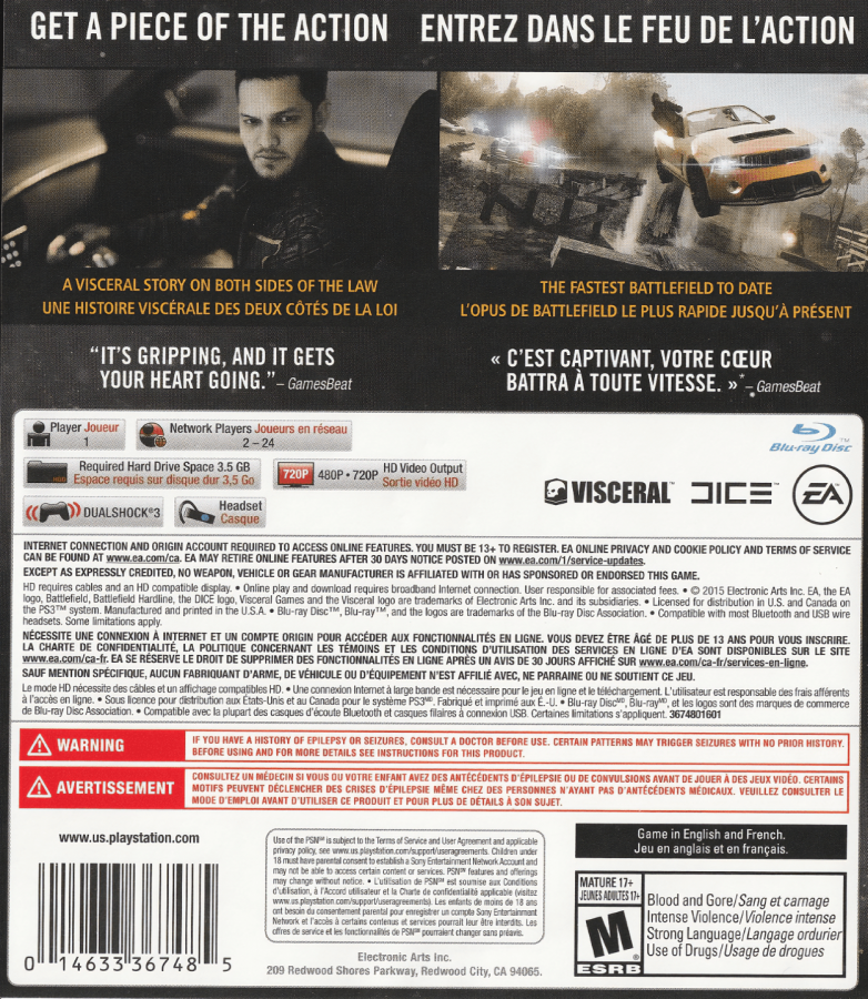 Battlefield: Hardline back cover art for PlayStation 3 (PS3) video game