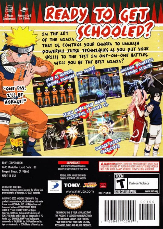 Back cover art for Naruto Clash of Ninja GameCube GC video game, action fighting, anime adventure, multiplayer, classic Nintendo GameCube title