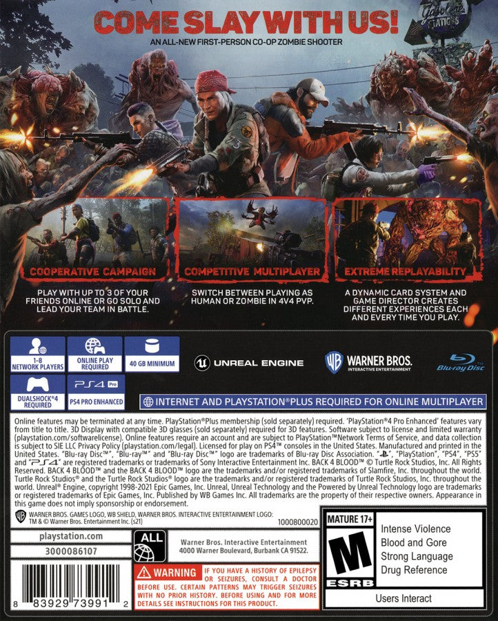 Back 4 Blood PlayStation 4 (PS4) video game back of case cooperative first-person shooter