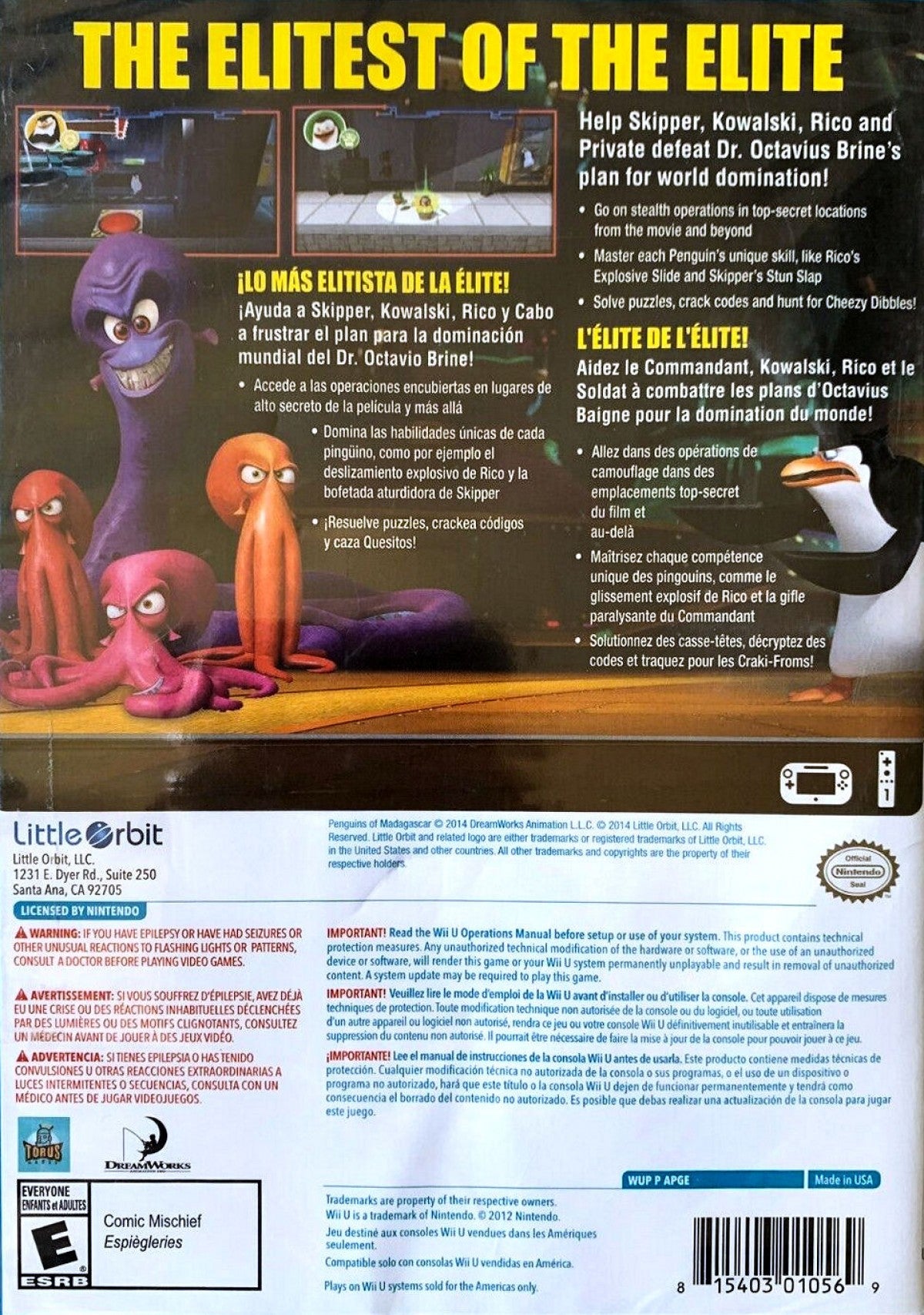 Penguins of Madagascar back cover art for Nintendo Wii U (Wii U) adventure video game.