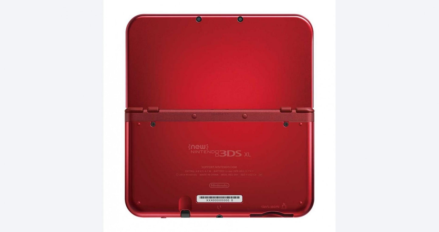 Nintendo New 3DS XL Red System inspired design featuring handheld gaming console aesthetic vibrant red finish large dual screen display enhanced processing power glasses free 3D technology iconic Nintendo clamshell hardware and portable gaming presentation open back