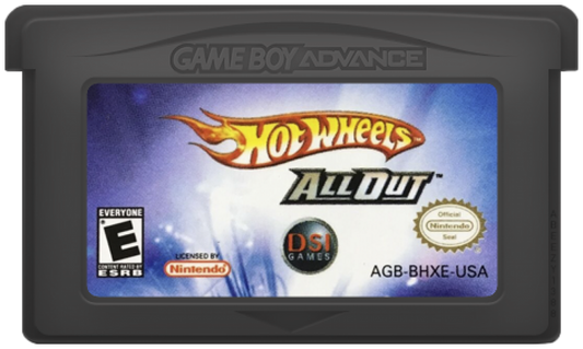 Hot Wheels All Out for Game Boy Advance, cartridge for a retro video game featuring arcade racing gameplay, high-speed track challenges, stunt driving, collectible cars, and fast-paced competition