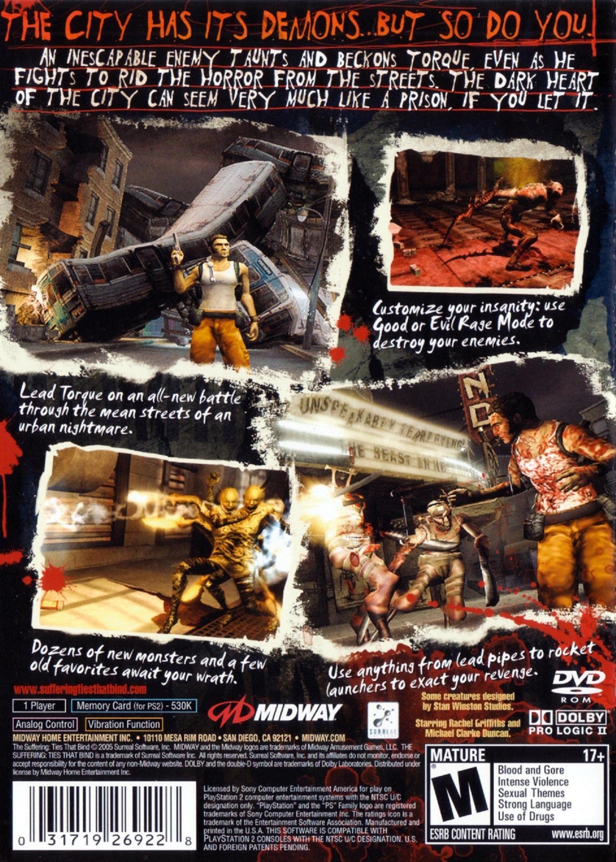 The Suffering Ties That Bind PS2 inspired design featuring psychological horror action aesthetic dark urban nightmare environments supernatural creatures brutal combat mature storytelling intense survival gameplay atmospheric horror adventure nostalgic PlayStation 2 presentation back cover