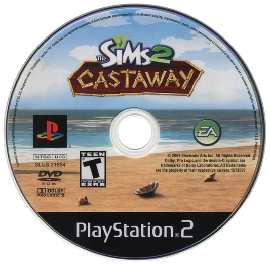The Sims 2: Castaway – PlayStation 2 (PS2) video game disc, life simulation adventure.