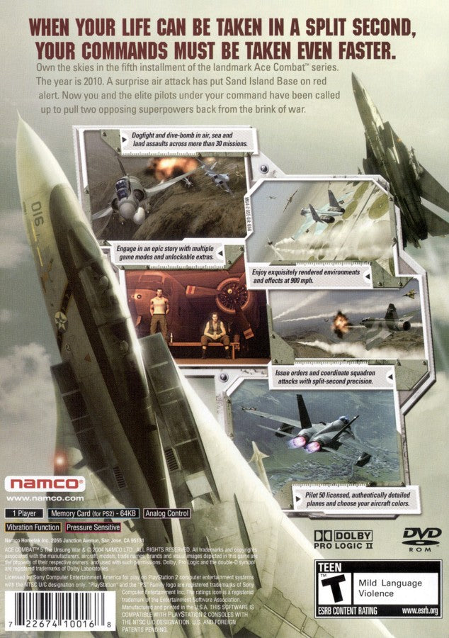 Ace Combat 5 The Unsung War Greatest Hits PlayStation 2 PS2 retro video game combat flight simulator back of case