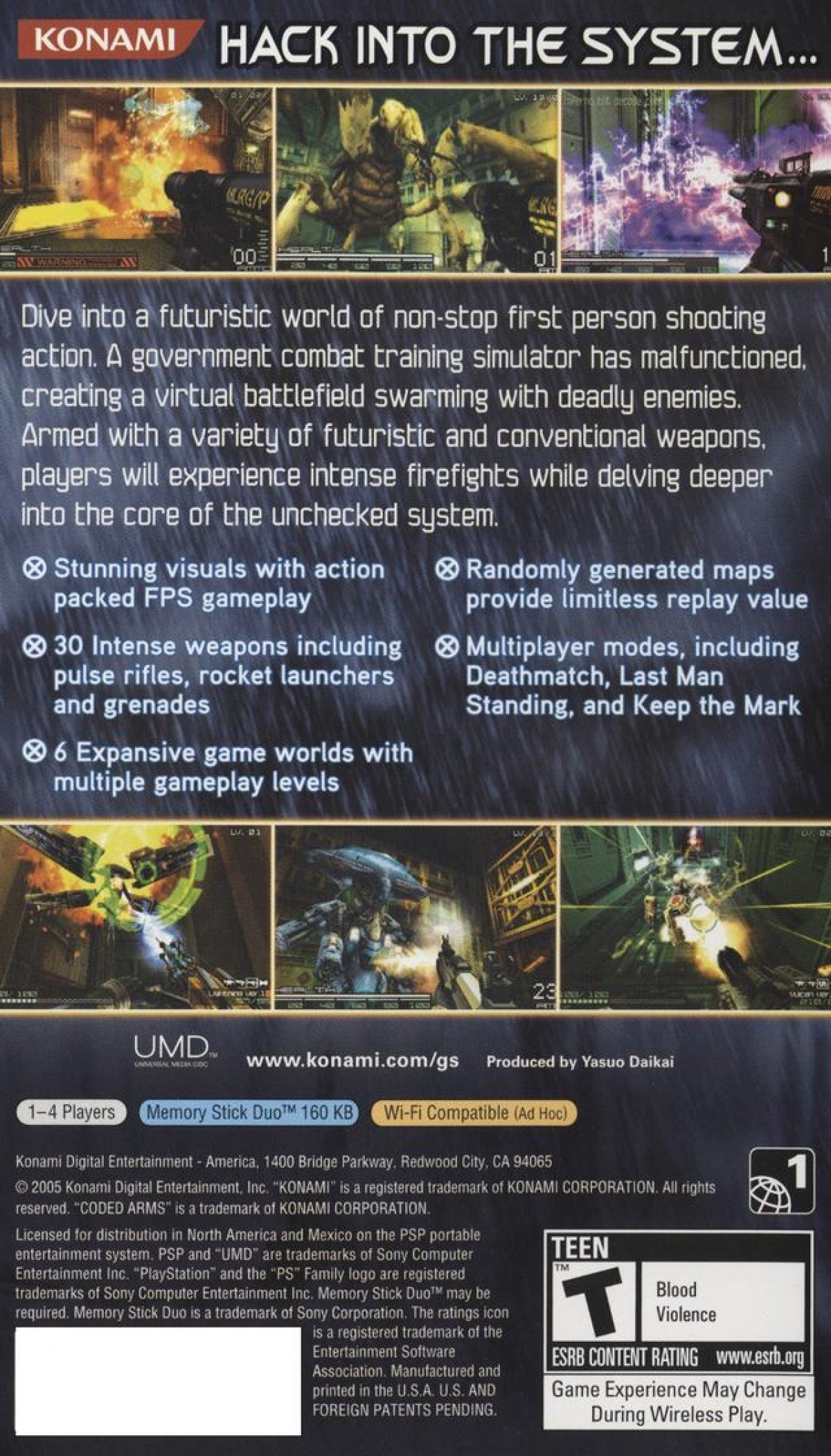 Coded Arms PlayStation Portable game featuring first-person shooter action and procedurally generated levels on PSP back cover
