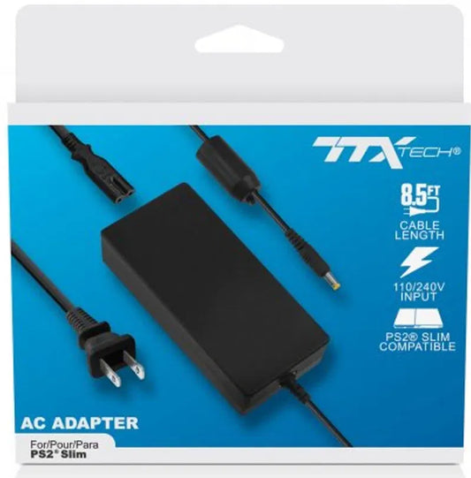 TTX Tech brand AC power adapter for PlayStation 2 Slim console with AC input and DC output for reliable power
